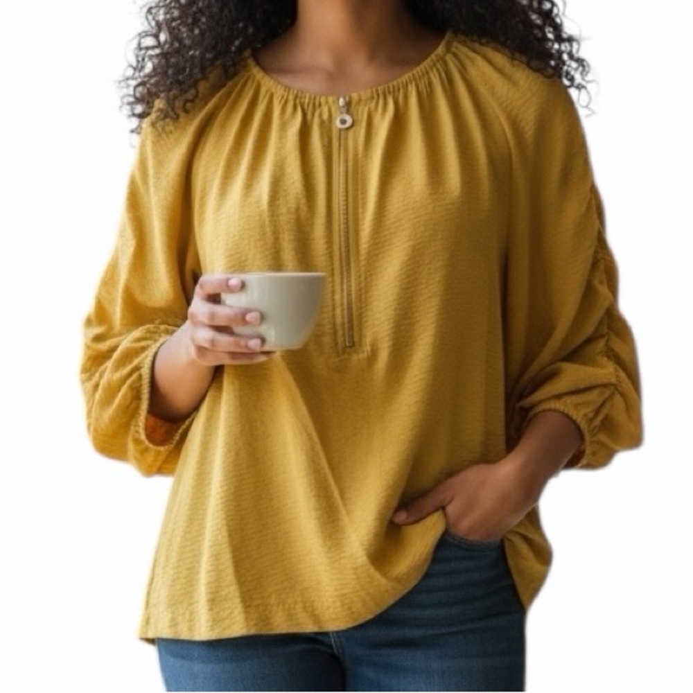 Marc NY Andrew Marc Citron Yellow Zip Neckline Blouse M